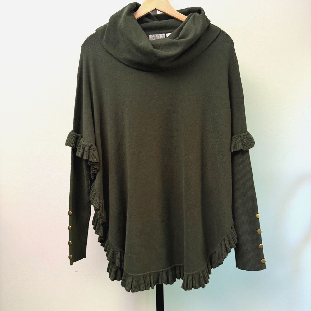 Joseph A Olive Green Cowl Neck Ruffle Poncho Sweater Cape Shawl Womens M